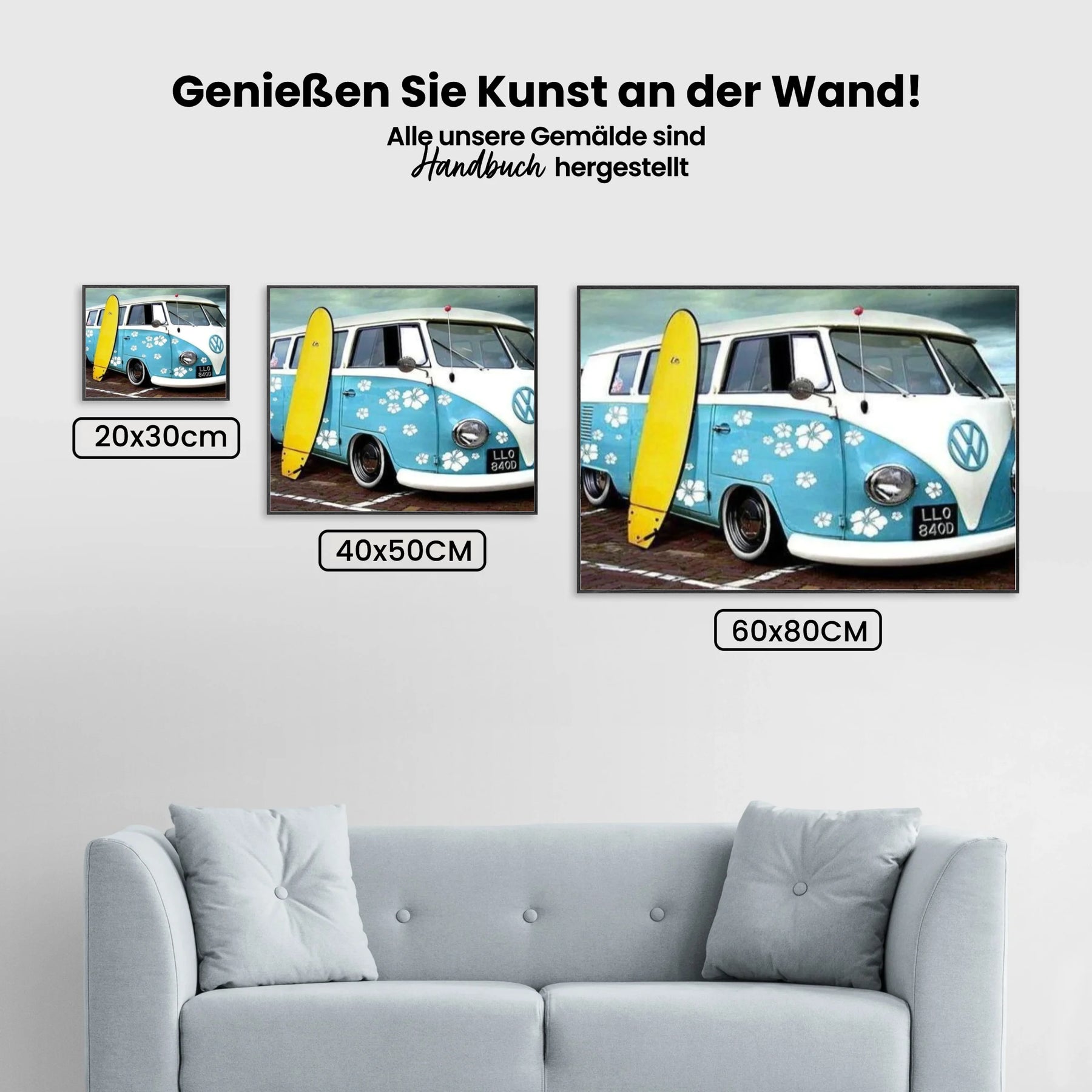 Blaue Wagen mit gelbem Surfbrett - Malen nach Zahlen