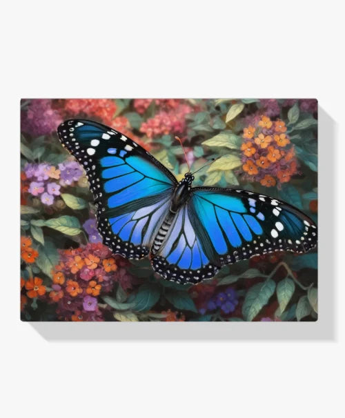 Dipingi con i numeri - Farfalla blu su fiori colorati