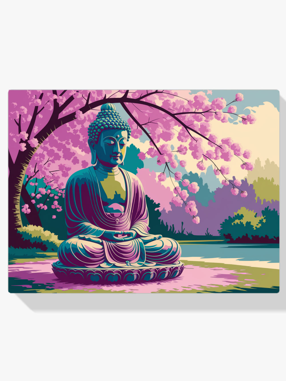 Dipingi con i numeri - Statua del Buddha serena circondata da fiori di ciliegio