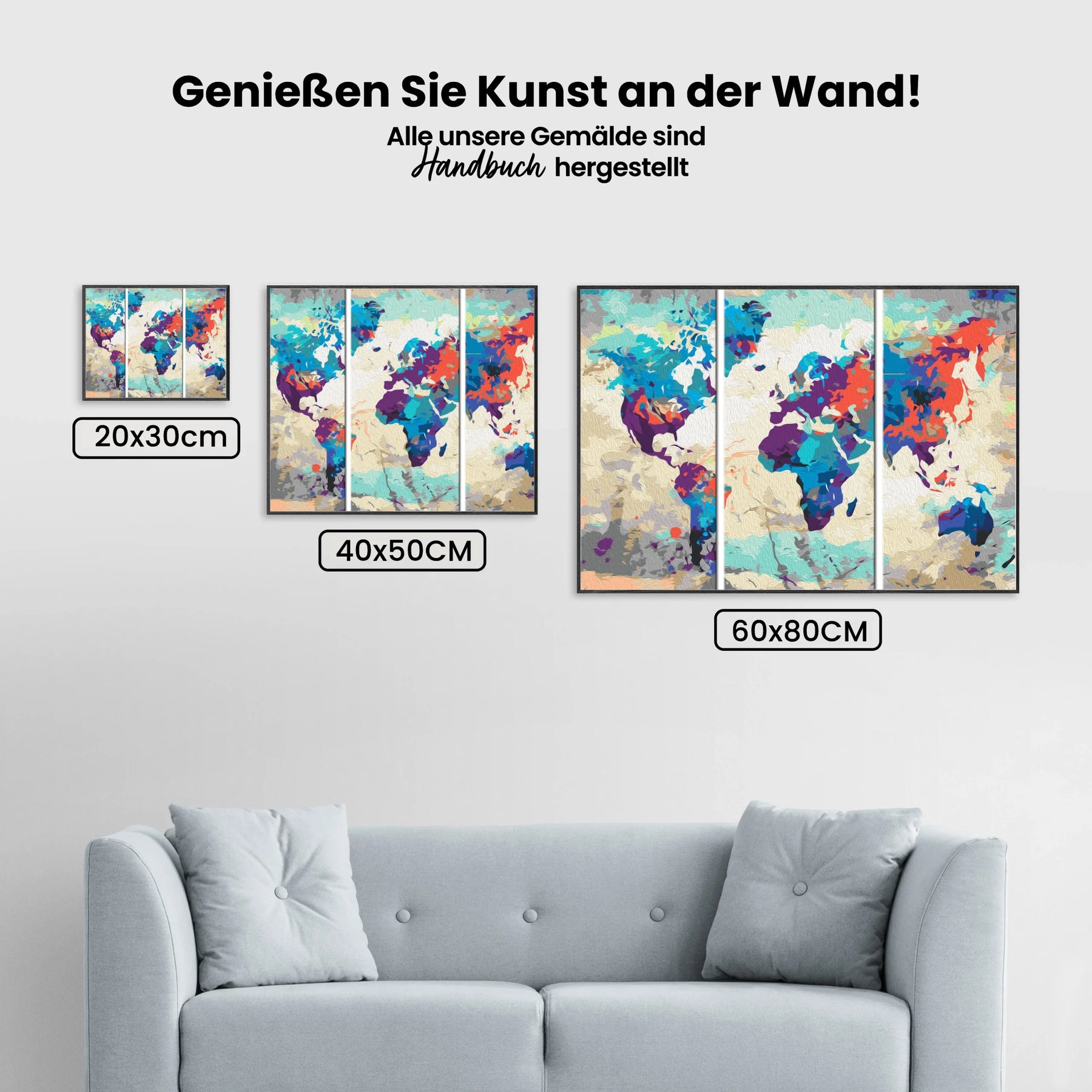 Malen nach Zahlen – Weltkarte (Blau & Rot) 3 Teile