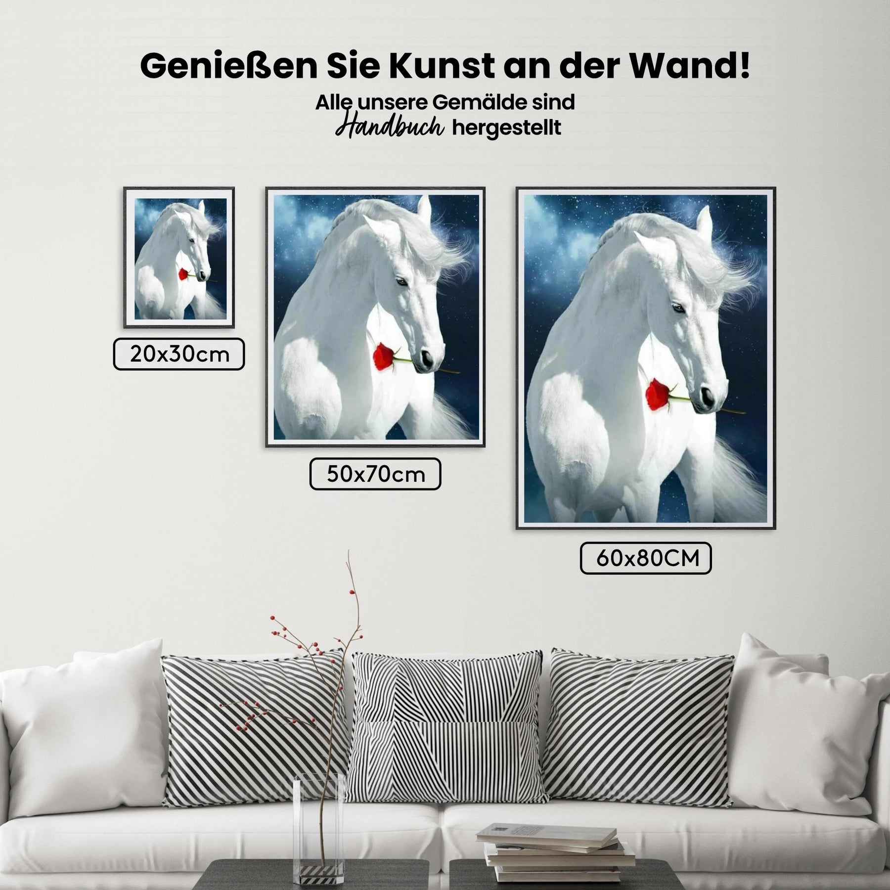 Weißes Pferd mit roter Rose - Malen nach Zahlen