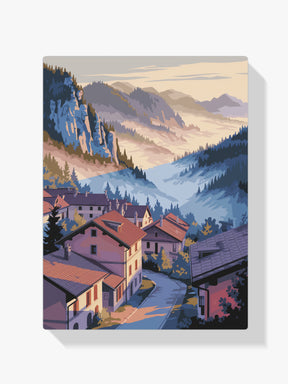 Dipingi con i numeri - Villaggio di montagna all'alba con cime nebbiose V2