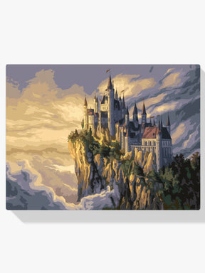 Malen nach Zahlen - Fantasievolles Schloss auf einer Klippe umgeben von Wolken V1