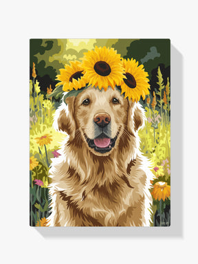 Dipingi con i numeri - Golden Retriever con corona di girasoli