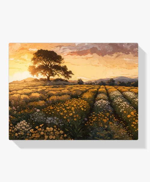 Malen nach Zahlen &#8211; Sonnenuntergang über einem Blumenfeld
