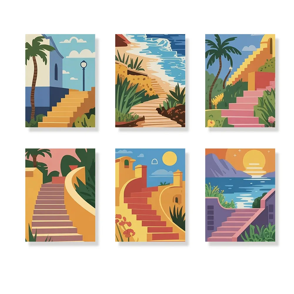 Dipingi con i numeri - 6 mini dipinti | Set "Sun-Drenched Steps"